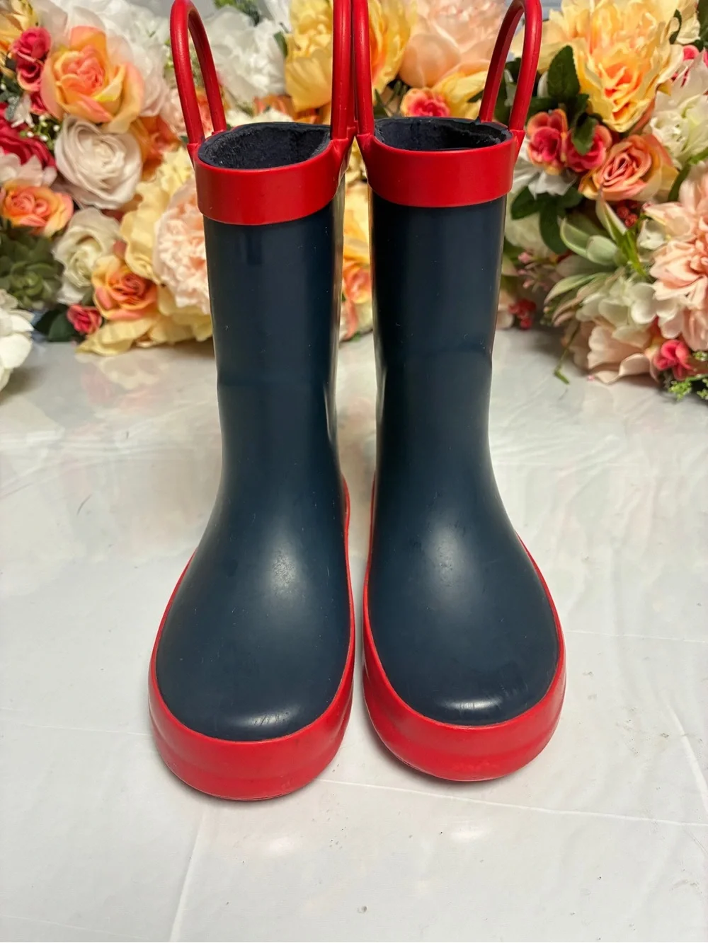 Kids Rain Boots Navy Red Pull Handles Size 7 Mid Calf Round Toe